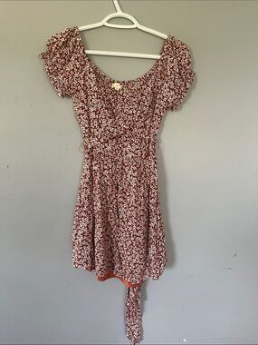 Endless Blu Rust Floral Mini Dress with Short Puff Sleeves Small